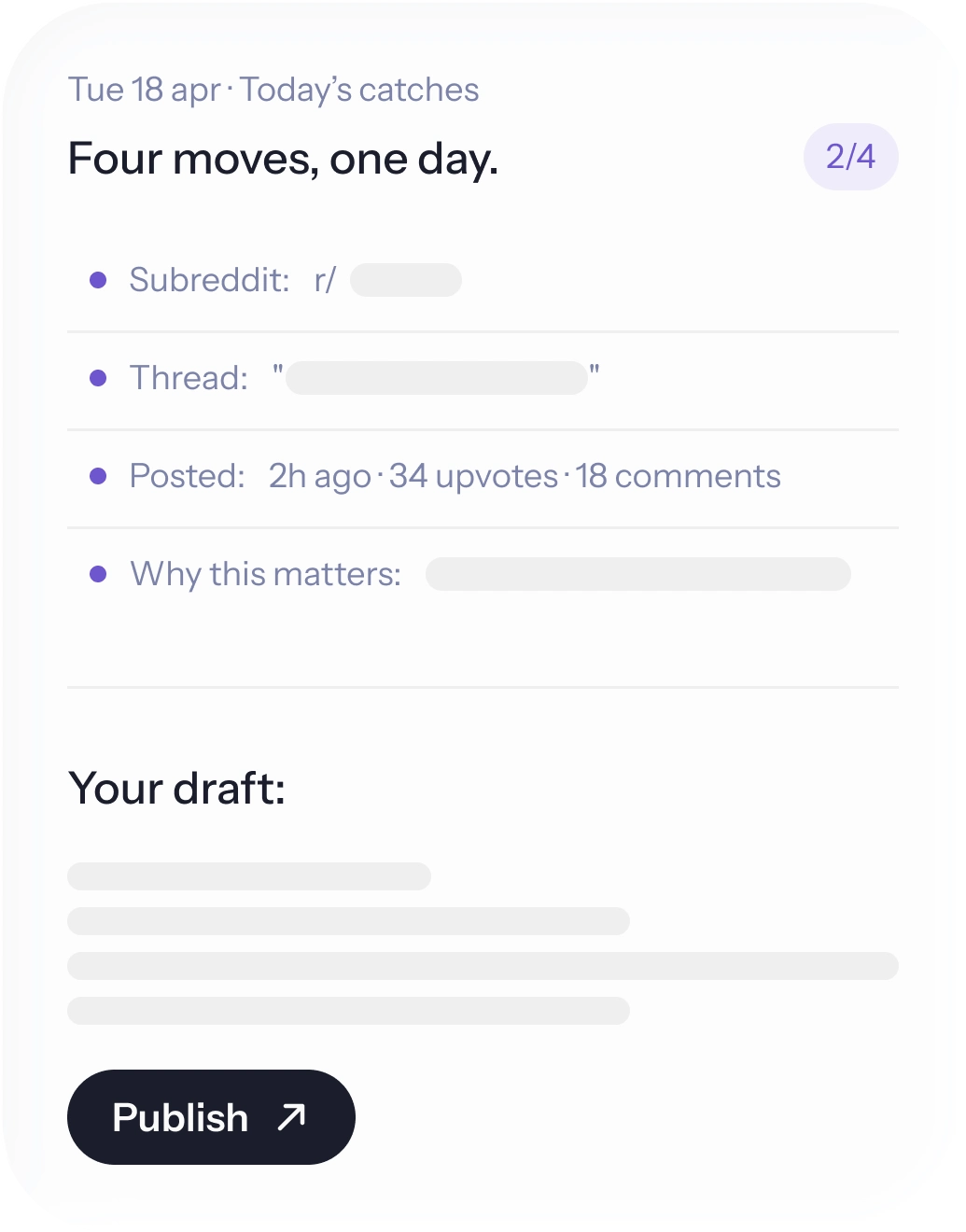 HeyCatch daily catches: today's moves with subreddit, thread, posting metadata, and a draft ready to publish.